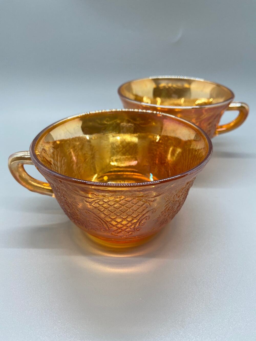Pair Vintage Federal Glass Company Orange Carnival Glass Iridescent Sunburst